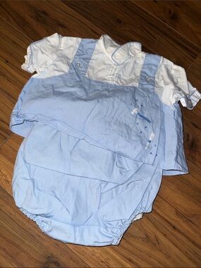 0-3M vintage 1970s BabyLight Blue & White Cotton dress 2piece Set